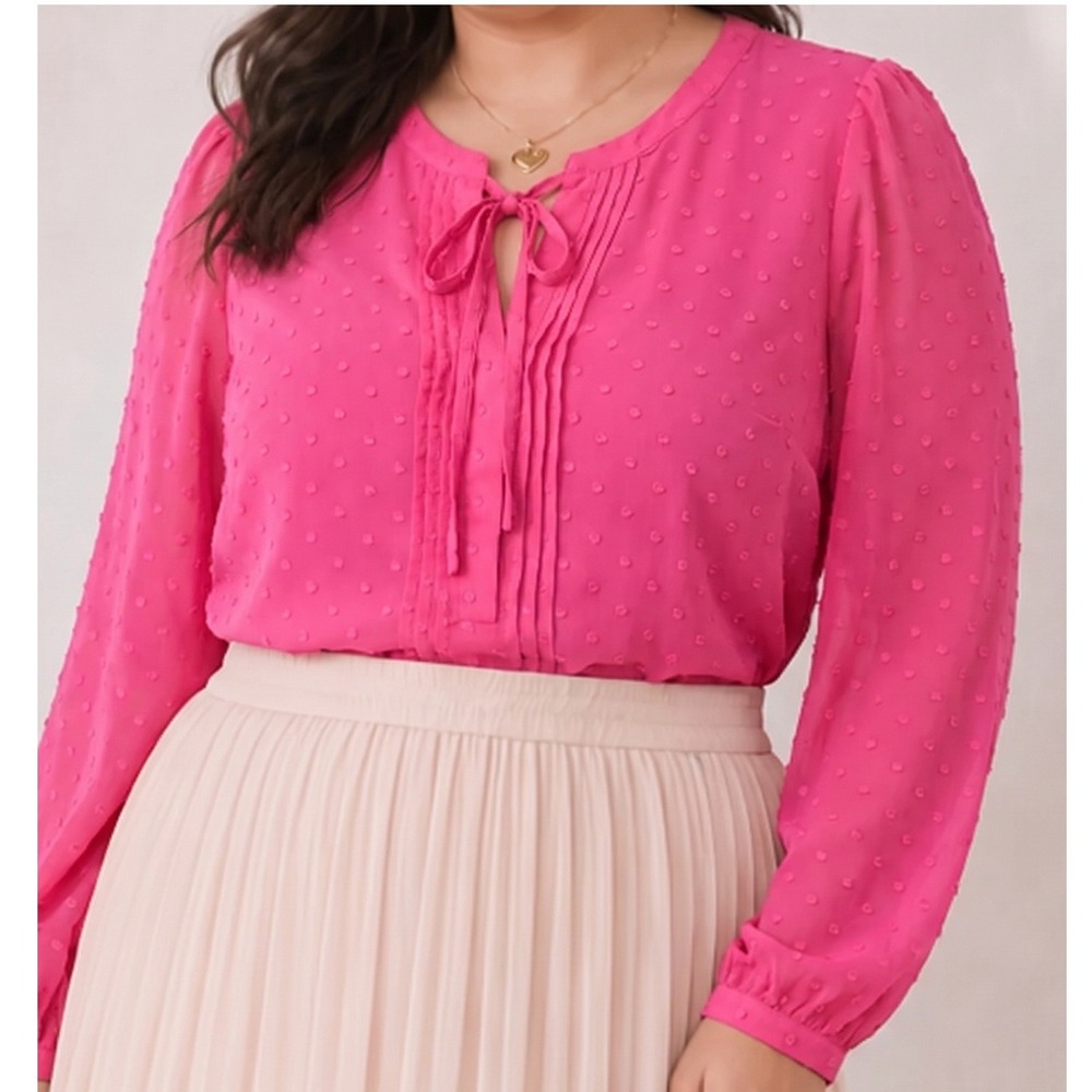 Torrid Hot Pink Clip Dot Tie Neck Pintuck Blouse Size 00 Long Sleeve Chiffon